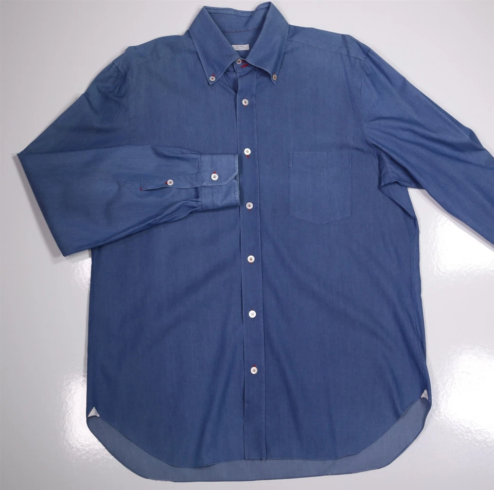 Camisa de Vestir Barba Napoli Azul Iridiscente Denim Cambray Abotonada (44) 17.5-36 Foto 2 de 4