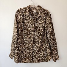 Talbots Leopard Print Button Down Shirt Women's 1X Beige Black Classic Career