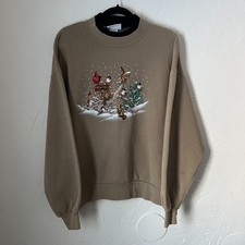 Morning Sun Winter Retreat Woodland Animal Graphic Vintage Sweatshirt Size L