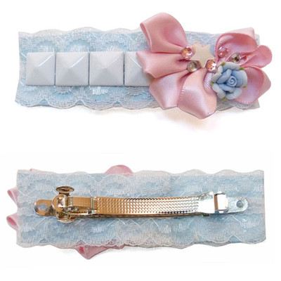 Barrette à Cheveux Fantaisie - Ruban Satin, Dentelle, étoiles Strass, Fleurs - Rose Et Bleu - Neuf