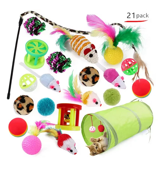 Katzenspielzeug Set 21 Teile Katzen Spielzeug inkl. Angel Feder Ball Maus Bälle