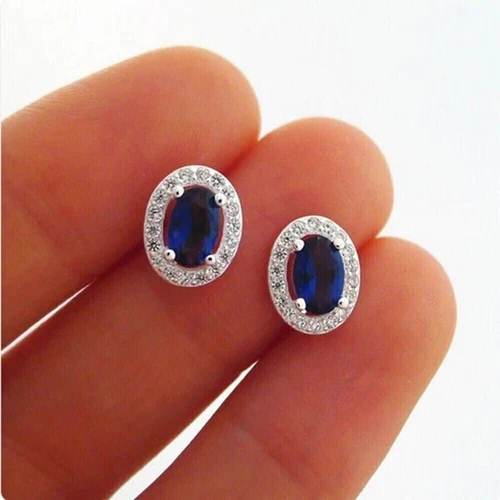 2Ct Oval Cut Lab-Created Blue Sapphire Halo Stud Earrings 14K White Gold Plated