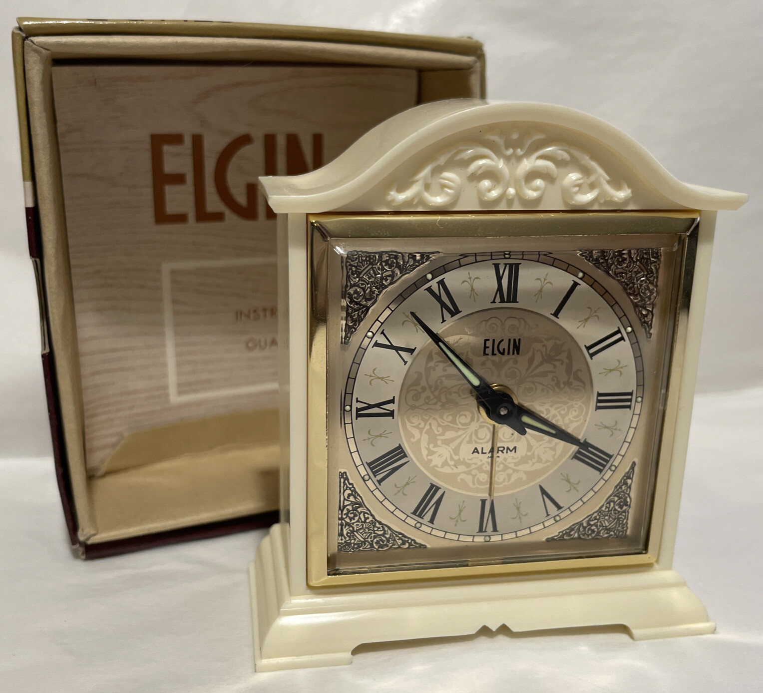 Vintage Elgin Alarm Clock Japan Ivory Case 8587 In Original Box 2 - G4428