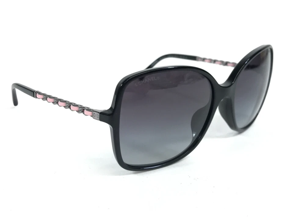 Gafas de sol Chanel 5210-Q-A c.1663/S6 tejidas cuero negro rosa ajuste asiático con cadena Foto 3 de 4