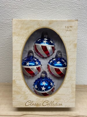 2004 Hand Blown Glass American National Flag Chrismas Tree Ornaments Set Of 4