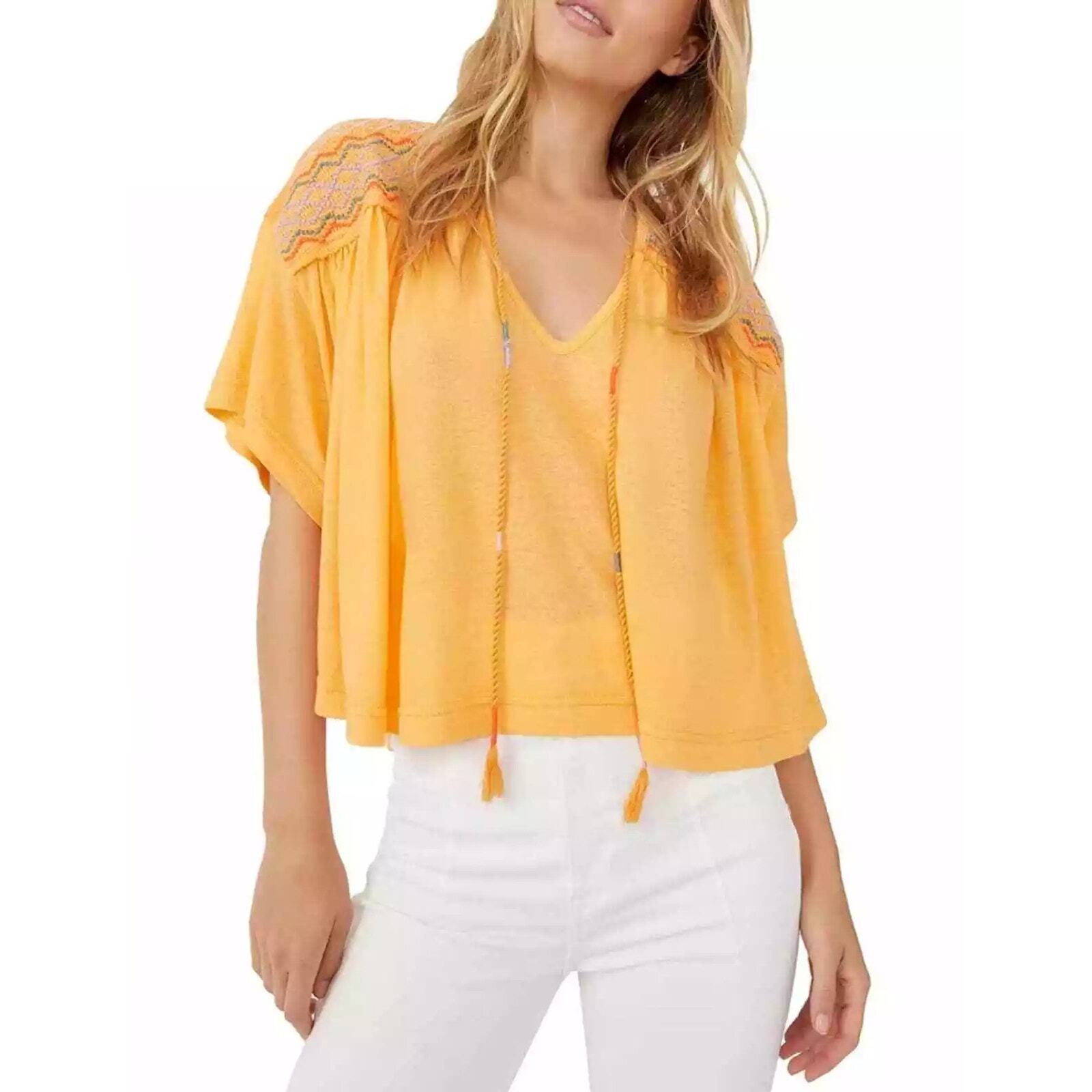 Free People Top Orange Peach Embroidered Geometric Short Sleeve V Neck Blouse S