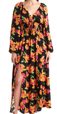ASOS Design Size 4 Floral Maxi Dress Black Orange Pink Long Sleeve Boho Tie