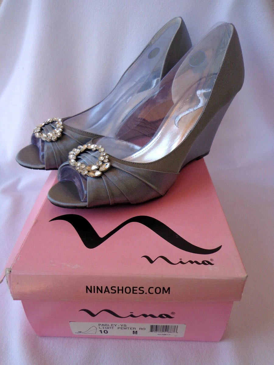 Nina Parley Wedge SANDALS Peep Toe Rhinestone Pewter Wedding