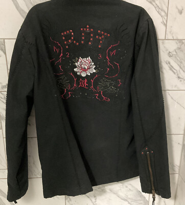 RNT23 Distressed Denim Jacket Coat Embroidered Rhinestone Sz XL