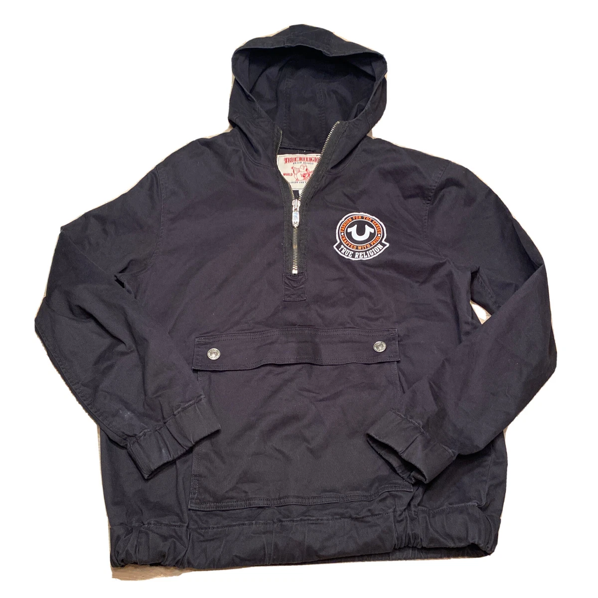 True Religion Black Patch Crest 1 4 Zip Hooded Canvas Anorak Jacket Mens L