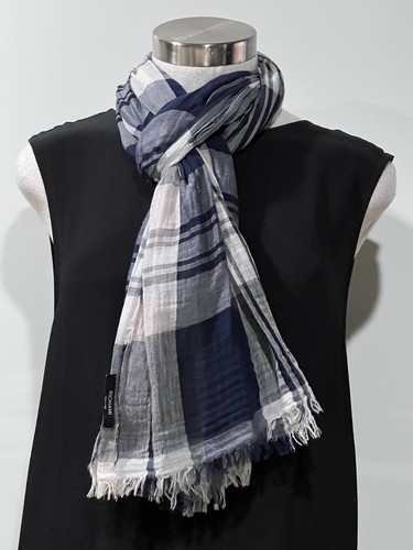 RICHIAMI Italy Navy/White Handmade Yarn Dye Check Wrap/Scarf 72cmx180cm Fringes - Picture 4 of 13