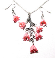 Silver Tone Pink Tulip Flower 18" Necklace  Pierced Earrings - NWOT  3262 