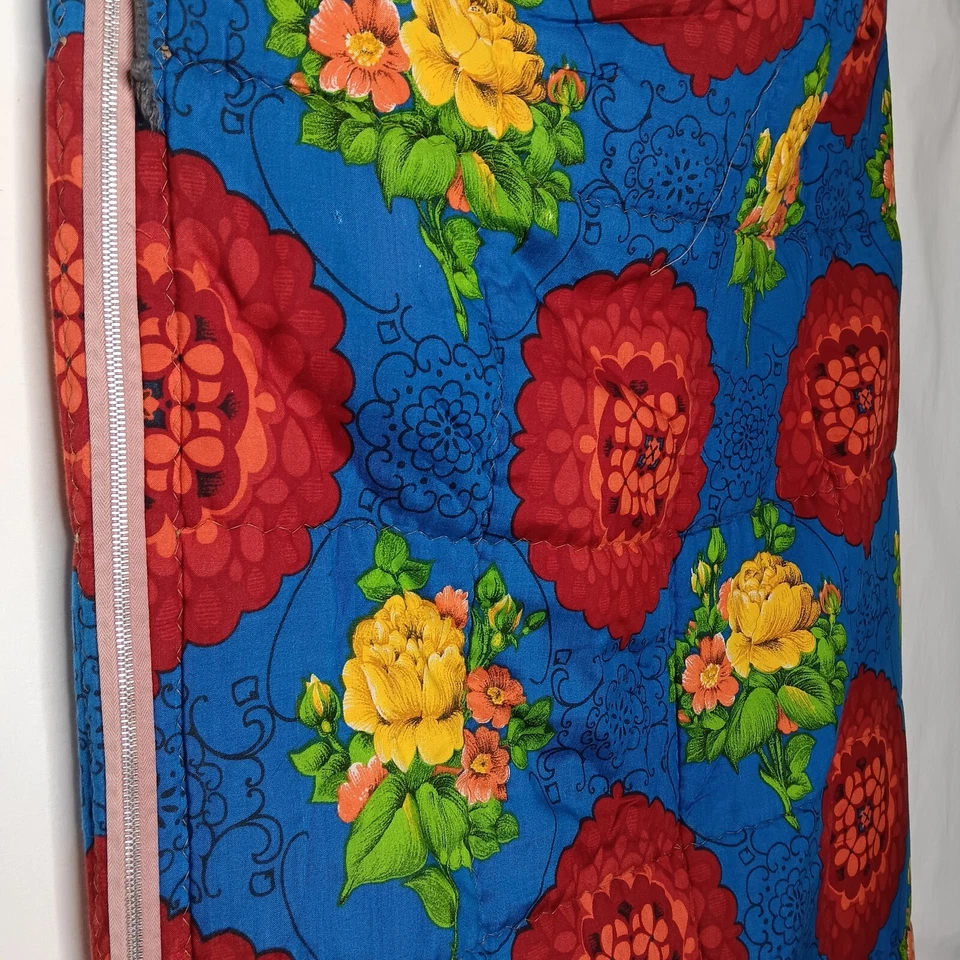 Saco de Dormir Vintage Azul Rojo Amarillo Floral Usado Rojo Forro Cremallera LEER Defectos 28x68 Foto 3 de 4