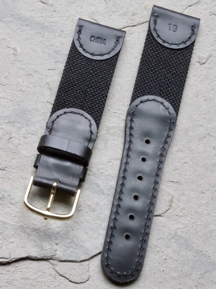 Correa de reloj negra de cuero genuino y nailon de 19 mm años 60 stock antiguo de Hirsch Foto 3 de 3