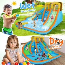 🏊6 in 1 Double Water Slides Bounce House with Blower, 5 Toys, Splashing Pool🏊️