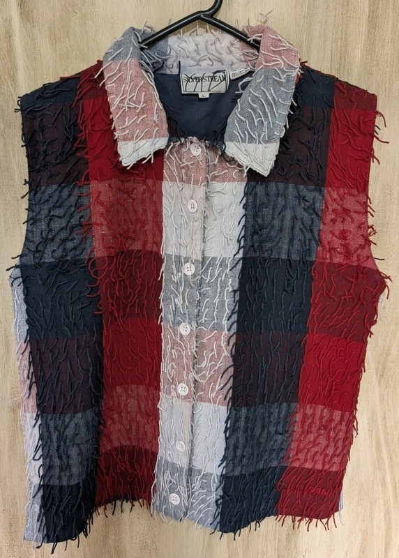 Vintage Silverstream Plaid Eyelash Fringe Button Up Vest Size Large.  #277