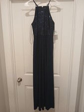 STUNNING NIGHTWAY NAVY FULL-LENGTH HALTER SEQUIN LACE GOWN, SIZE 8 EUC