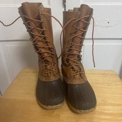 Vintage LL Bean Duck Boots 7 W Wide Tall Tan Brown Lace up 10 Eye Maine USA