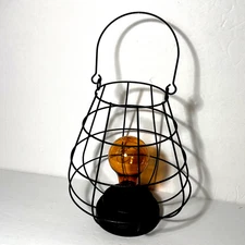 Caged  Edison Bulb Lantern Black Metal Wire Battery Op Warm White Fairy Lights