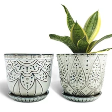 6 Inch Beaded Ceramic Planter Set of 2 with Drainage Hole and Saucer for Plan...