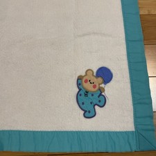 Vintage 90s Cuddle Time Baby Blanket Blue Trim Teddy Bear 30  X 40  