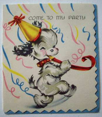 Dog puppy with noise maker hat vintage Birthday Party invite Greeting Card *WW4