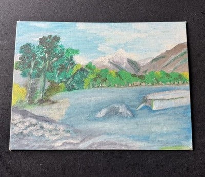 Original Acryl Gemälde auf Karton Berg See Szene