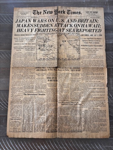 ORIGINAL New York Times Dec 8, 1941 – Japan Attacks Pearl Harbor – WWII Headline
