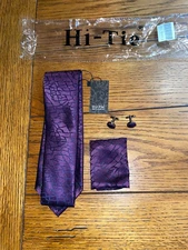 Hi-Tie Men's Purple & Black 100% Silk Tie with Pocket Square, Cuff Links - New