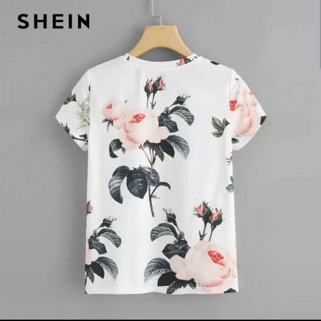 SHEIN Flower Print Round Neck T shirt Women Weekend Casual Short