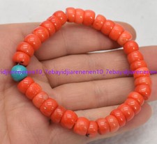 Natural Orange Coral Cylinder  Blue Turquoise Round Beads Bracelets 7.5 in