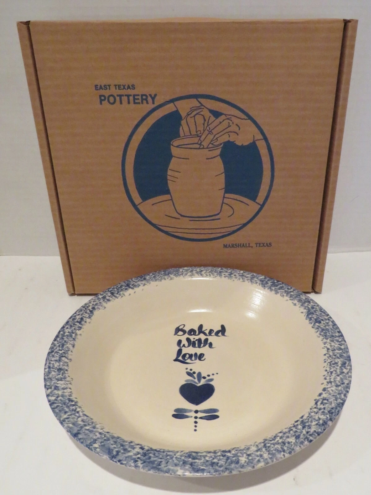 East Texas Pottery-"Baked with Love" -11" Spongeware Pie Plate -Heart- Vintage