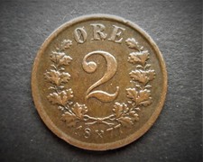 NORWAY BRONZE 2 ORE 1877   / SNIFF'S  ANCIENT COINS T-4