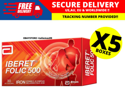 Abbott Iberet Folic 500 30'S-Supplement Iron Vitamin C B For Anemia Pregnancy X5