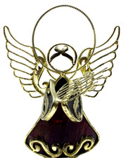 Stained Glass Angel Playing Harp Candle Holder Decor VTG Purple 6.5"x4.5"x3"