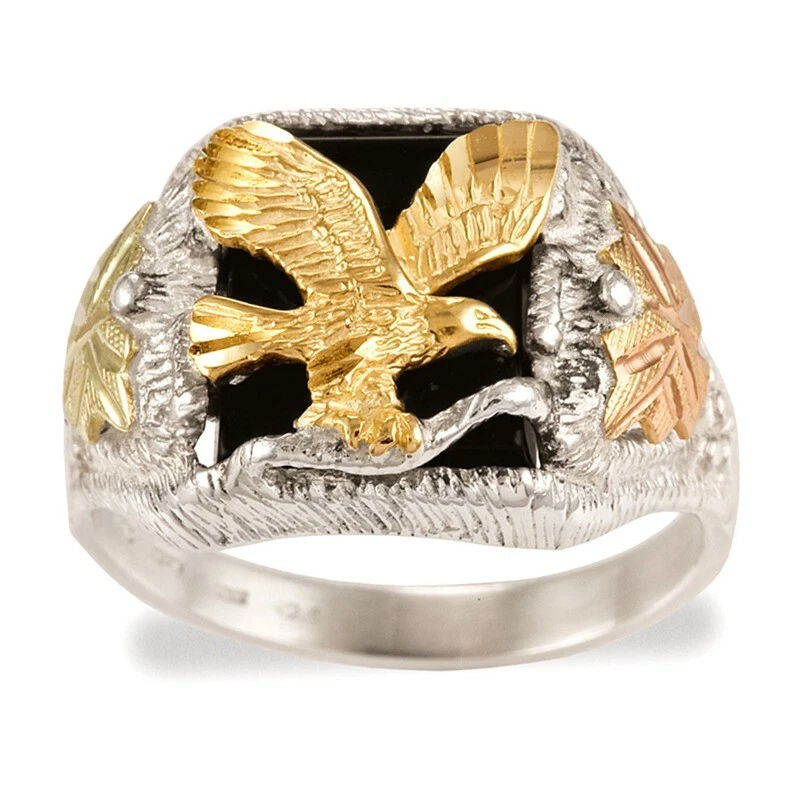 Mens Black Hills Gold Sterling Silver Eagle Ring w Onyx Size 12 FAST SHIPPING - Image 2 of 2