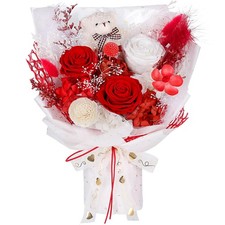 Preserved Flowers Bouquet with Bear 3 Real Forever Red Eternal Roses Gift