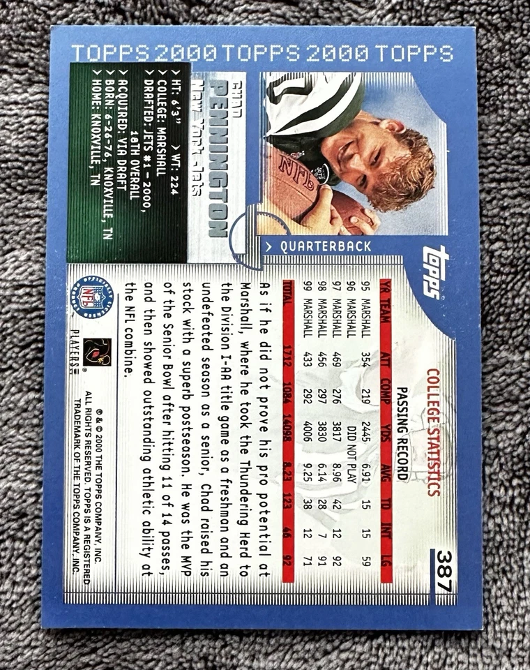 2000 Topps - NFL Draft Pick Chad Pennington #387 (RC) - Image 3 of 3