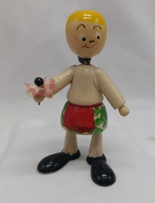 Ancienne figurine Fillette Paysanne Fleur Bois Goula Tête Oscillante Spain - Photo 1/4