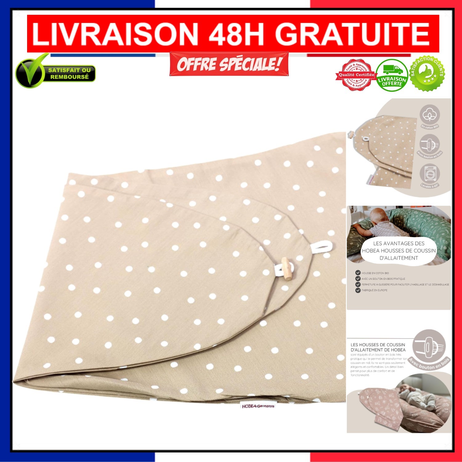 Housse de coussin d'allaitement 190cm coton bébé grossesse beige