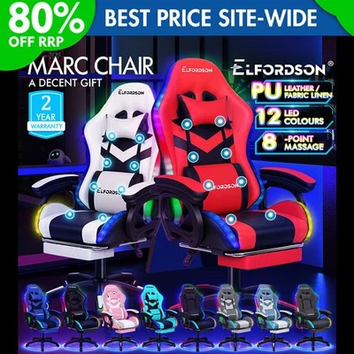 ELFORDSON Gaming Office Chair 12 RGB LED Massage Computer Footrest Padded Arms