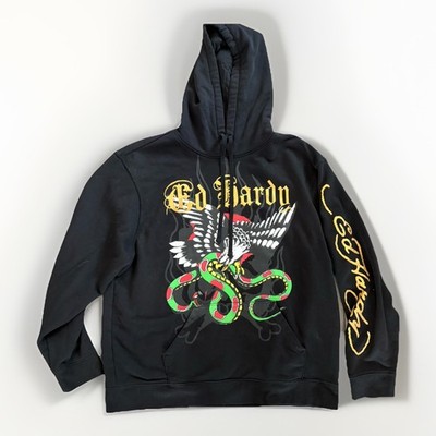 Ed Hardy Hoodie Men's 2XL Black Eagle Snake Black Sweatshirt Y2K Pullover ~ EUC