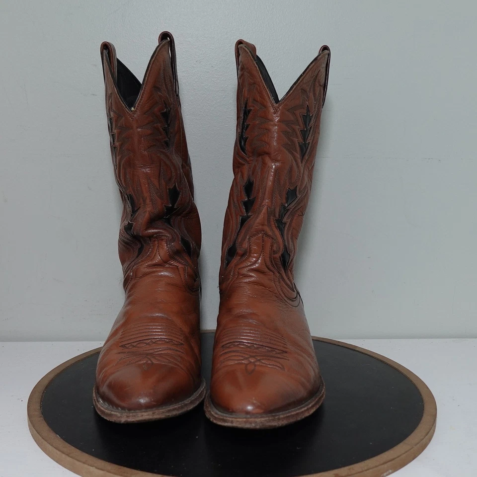 Botas de Vaquero Dan Post De Colección Hombres 12D Marrón Negro Incrustación Cuero Puntera Cortada Occidental Foto 3 de 4