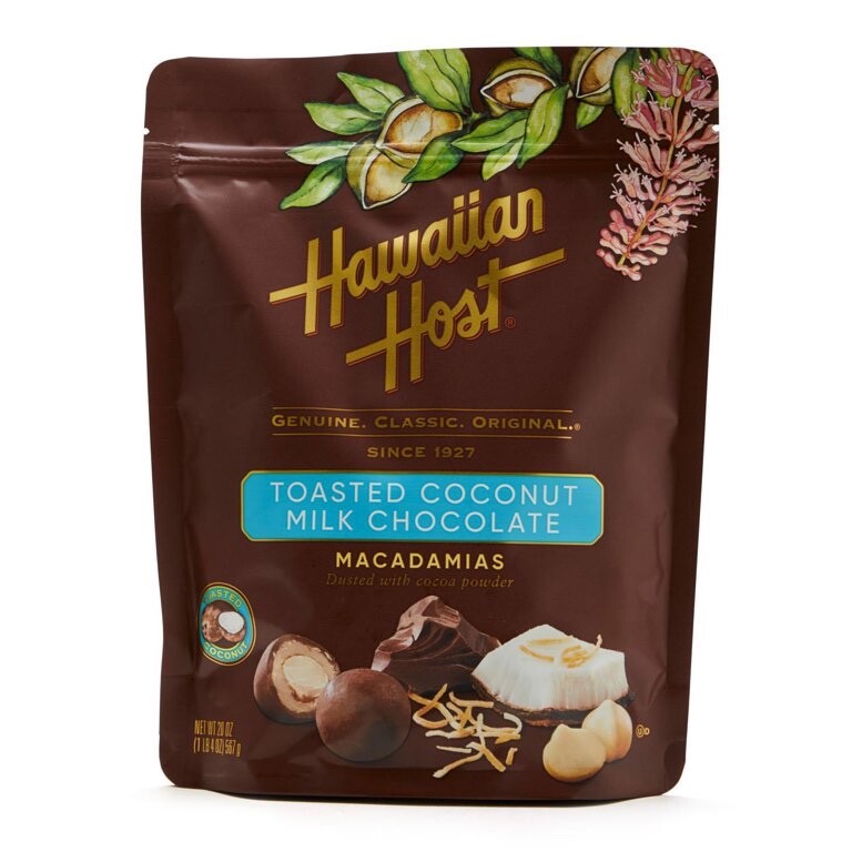 Hawaiian Host Toasted Coconut Milk Chocolate Macadamias 20 OZ BB 12/10