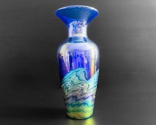 Lundberg Studios 7.5  Blue Rainbow Multicolor Iridescent Ocean Wave Vase COA