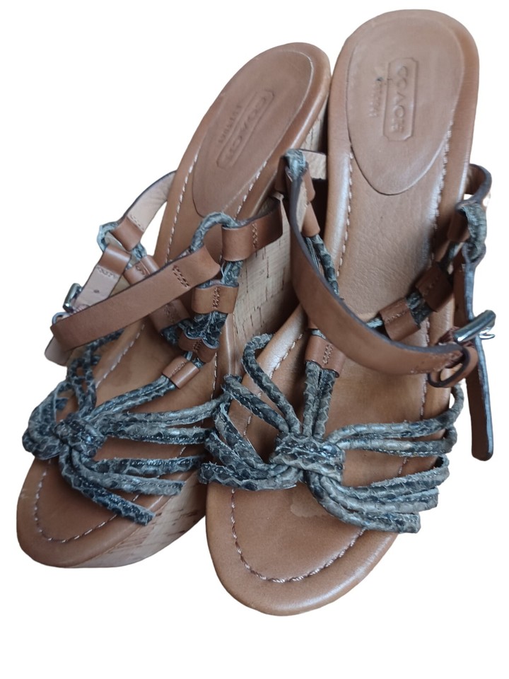 Coach Womens Brown Leather High Wedge Heels Strappy Platform Shoes Size