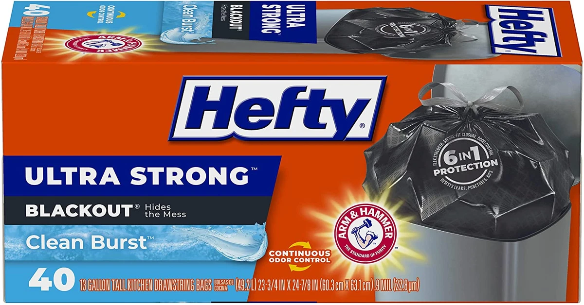 Hefty Ultra Strong Tall Kitchen Trash Bags, Clean Burst Scent, 40-Ct., 13- Gallons