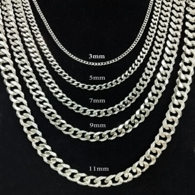 16-30'' Stainless Steel Silver Chain Cuban Curb Womens Mens Necklace 3/5/7/9/11mm