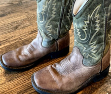 Old West Boots Girls Size 2 Brown/Green Square Toe Leather Upper