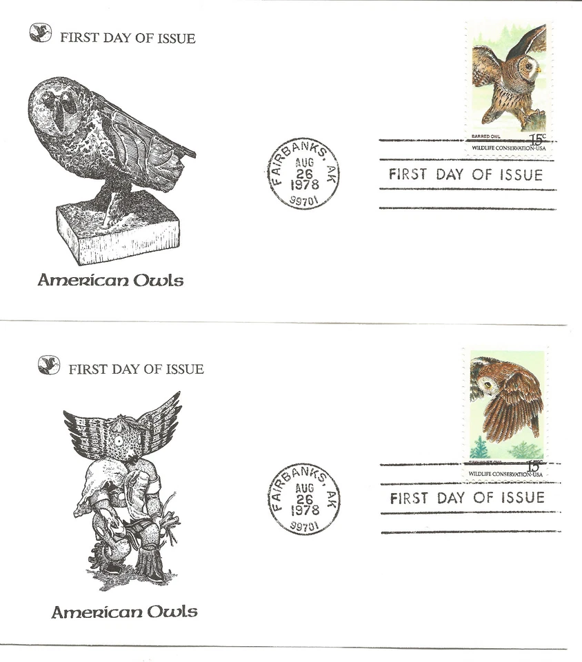 US Scott #1760-63, First Day Covers 8/26/78 Fairbanks Single Owls - Image 2 of 2
